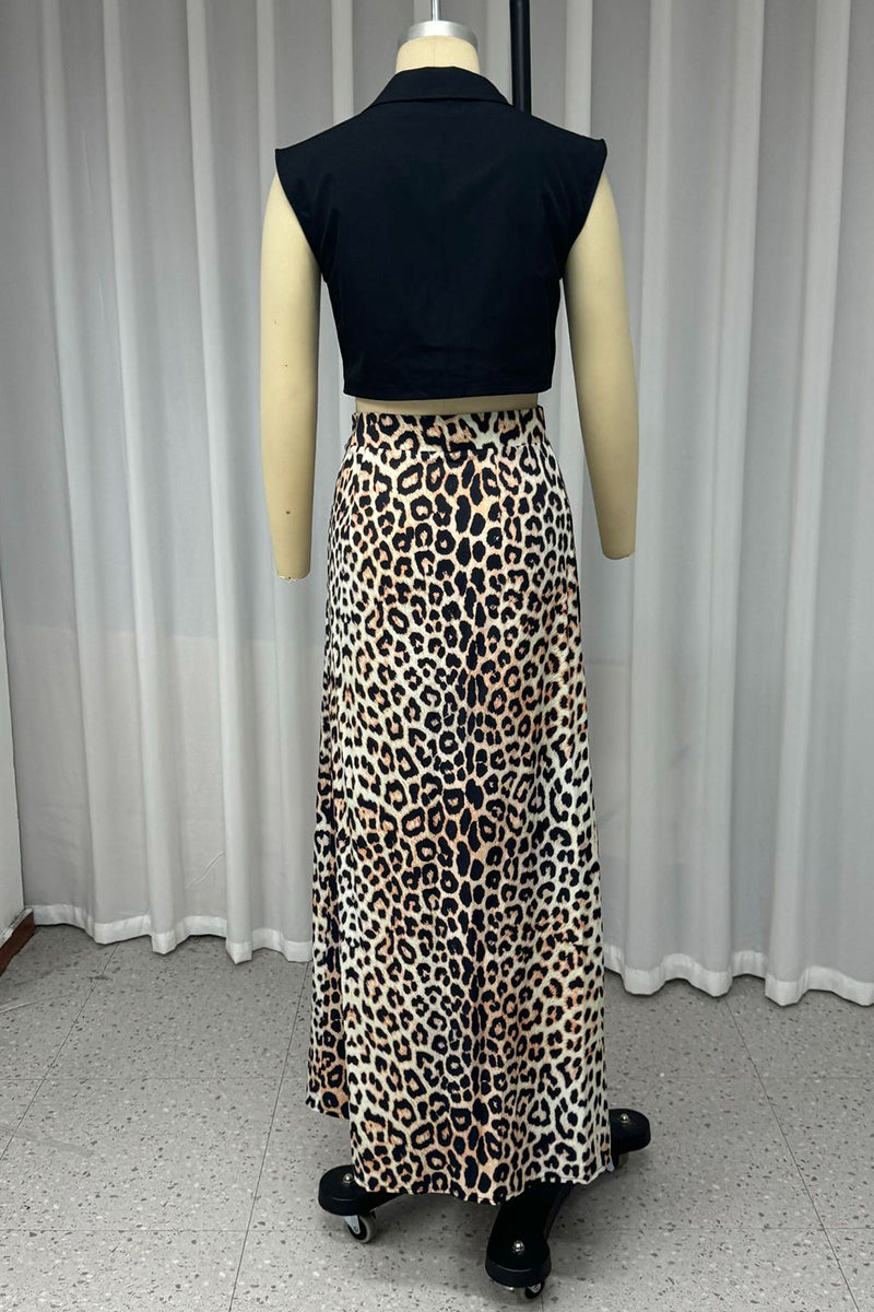 Street Leopard Slit V Neck Sleeveless Two Pieces