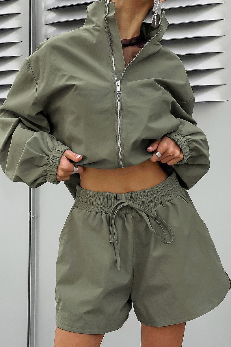 Street Lace Up Zipper Turndown Collar Long Sleeve Two Pieces