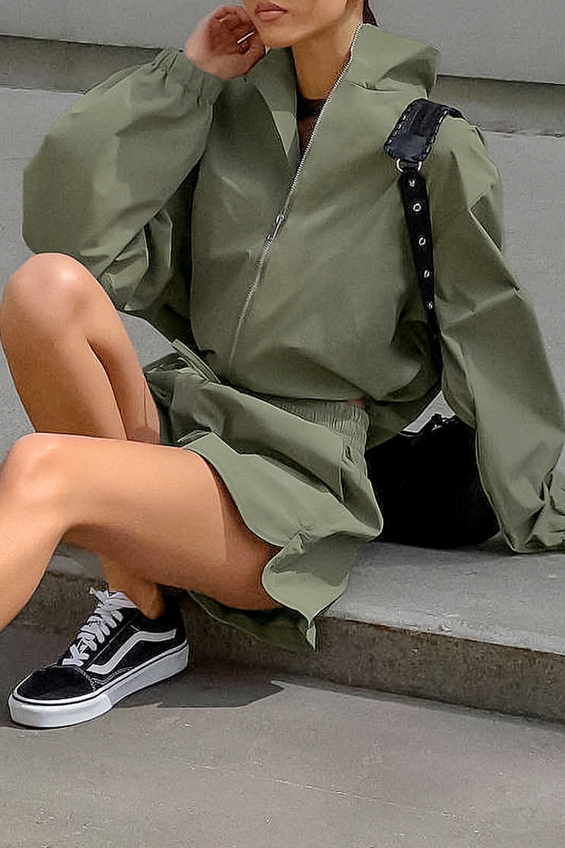 Street Lace Up Zipper Turndown Collar Long Sleeve Two Pieces