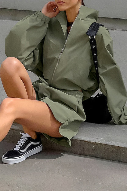 Street Lace Up Zipper Turndown Collar Long Sleeve Two Pieces