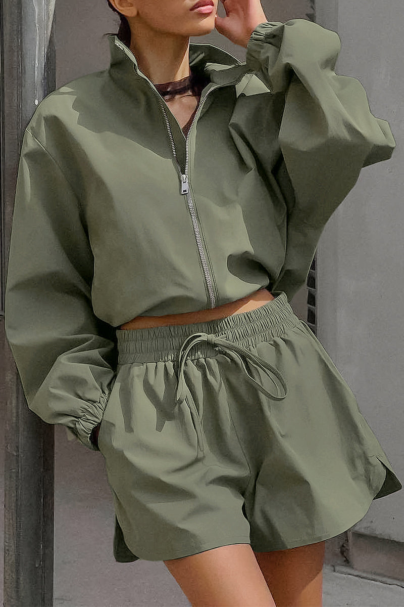 Street Lace Up Zipper Turndown Collar Long Sleeve Two Pieces