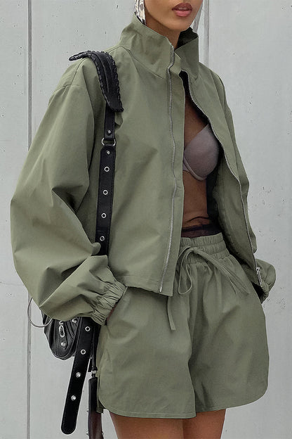 Street Lace Up Zipper Turndown Collar Long Sleeve Two Pieces