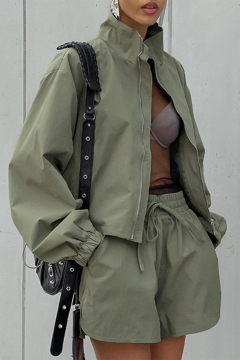 Street Lace Up Zipper Turndown Collar Long Sleeve Two Pieces