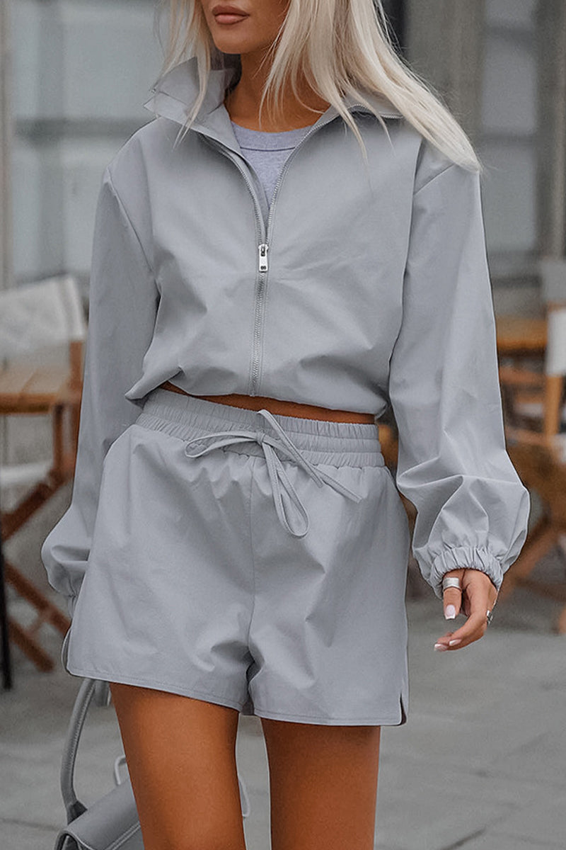 Street Lace Up Zipper Turndown Collar Long Sleeve Two Pieces