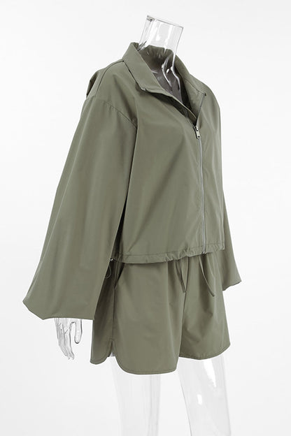 Street Lace Up Zipper Turndown Collar Long Sleeve Two Pieces