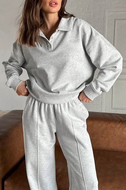 Street Color Pocket Buttons Turndown Collar Long Sleeve Two Pieces