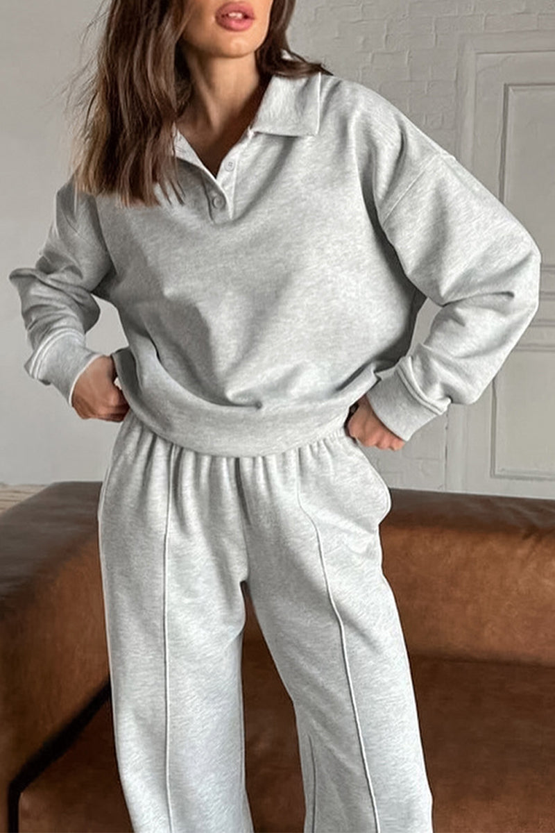 Street Color Pocket Buttons Turndown Collar Long Sleeve Two Pieces