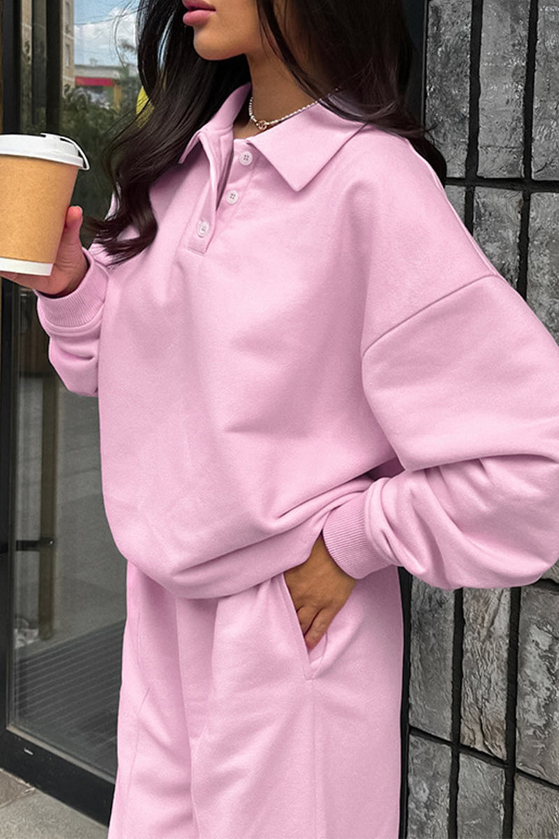 Street Color Pocket Buttons Turndown Collar Long Sleeve Two Pieces