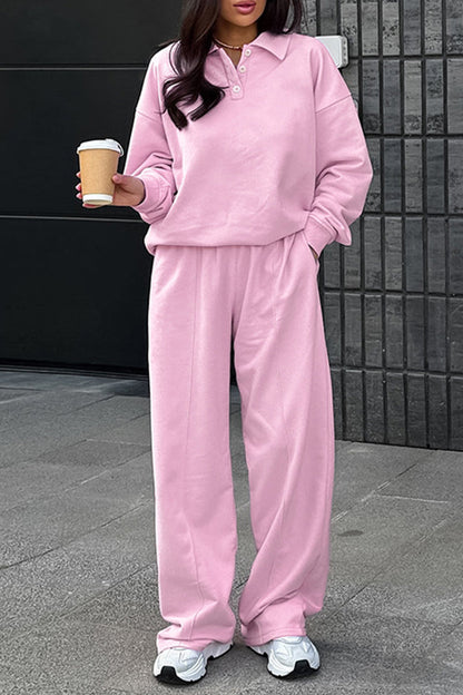 Street Color Pocket Buttons Turndown Collar Long Sleeve Two Pieces