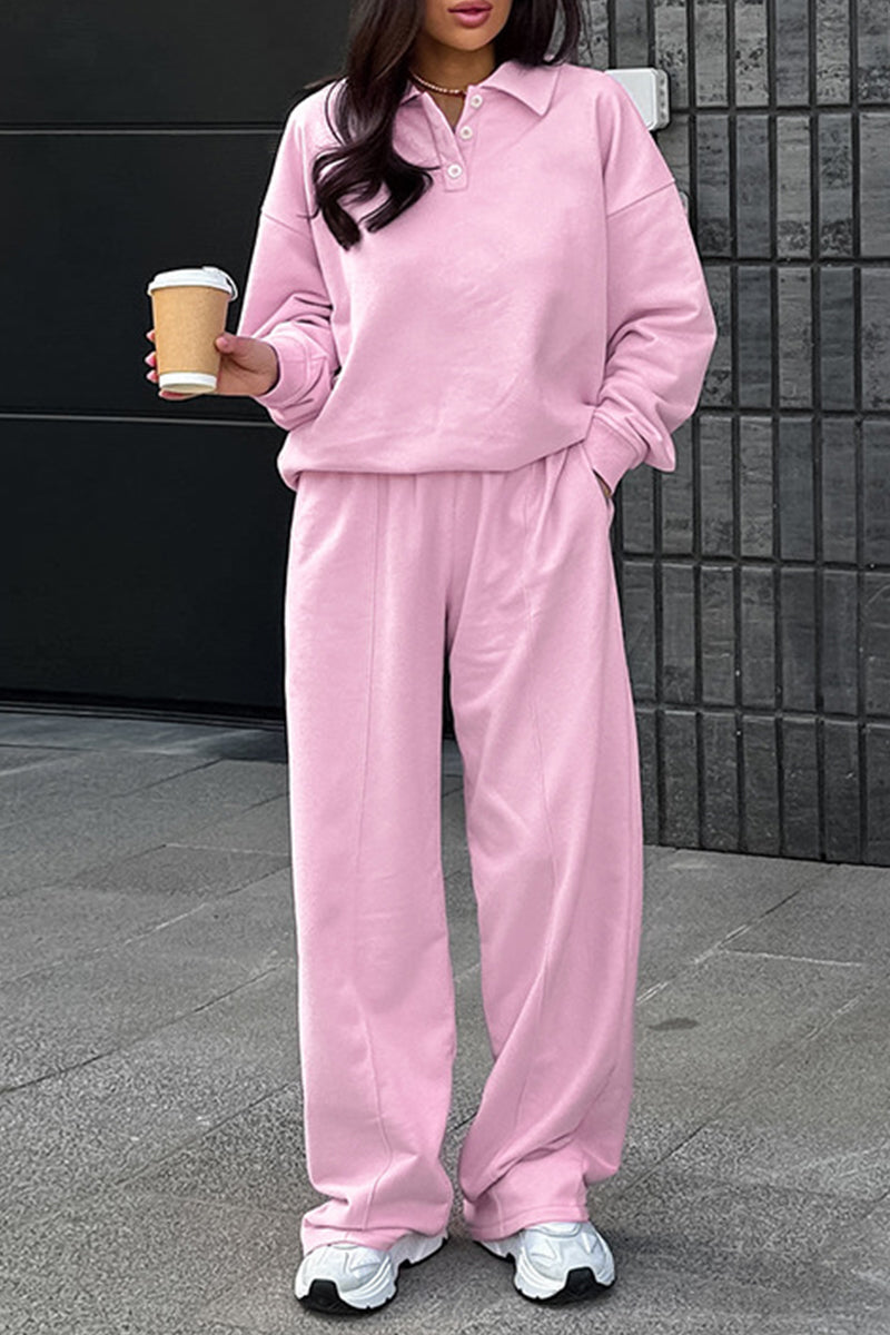 Street Color Pocket Buttons Turndown Collar Long Sleeve Two Pieces