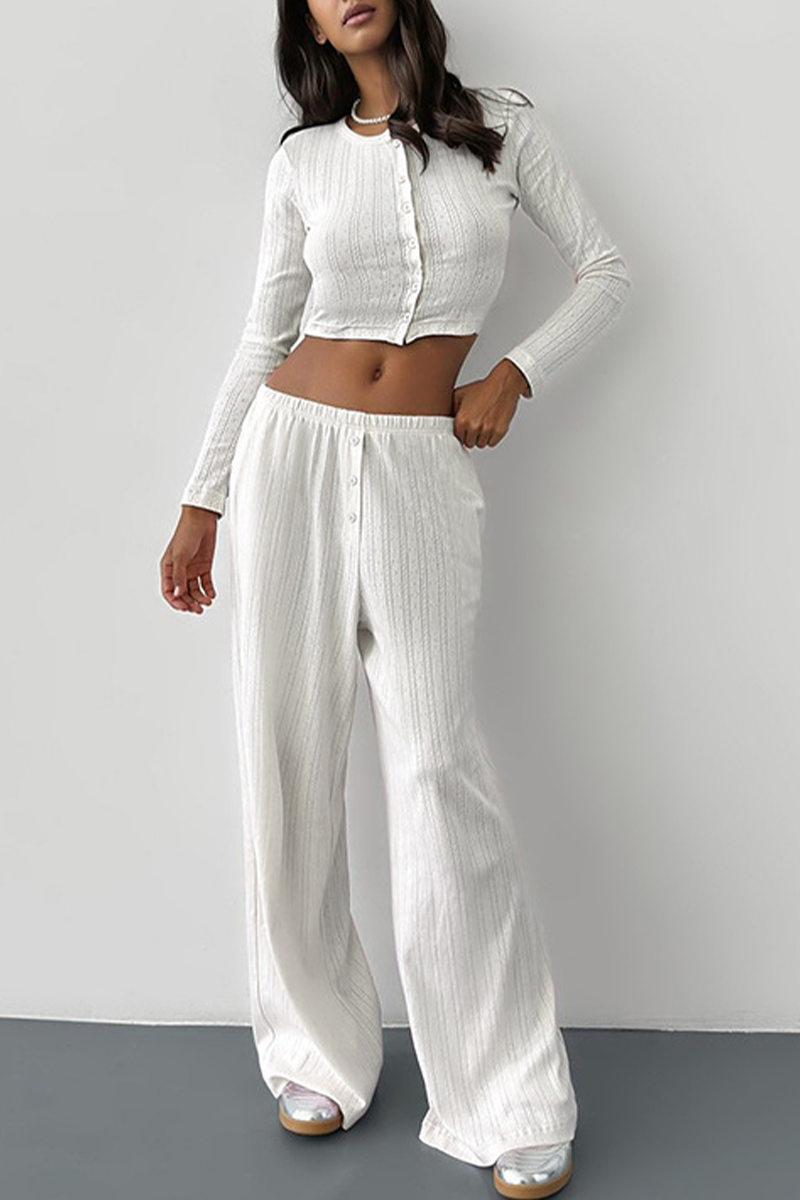 Daily Hollow Out Buttons O Neck Long Sleeve Two Pieces