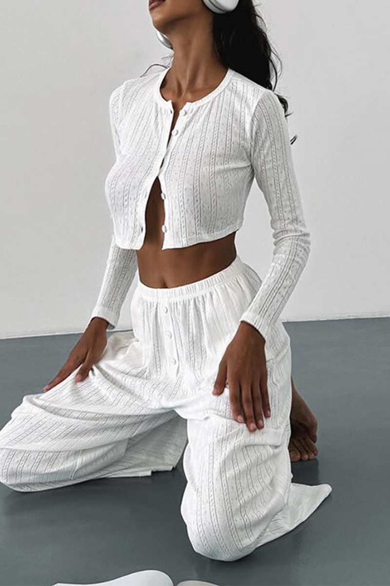 Daily Hollow Out Buttons O Neck Long Sleeve Two Pieces
