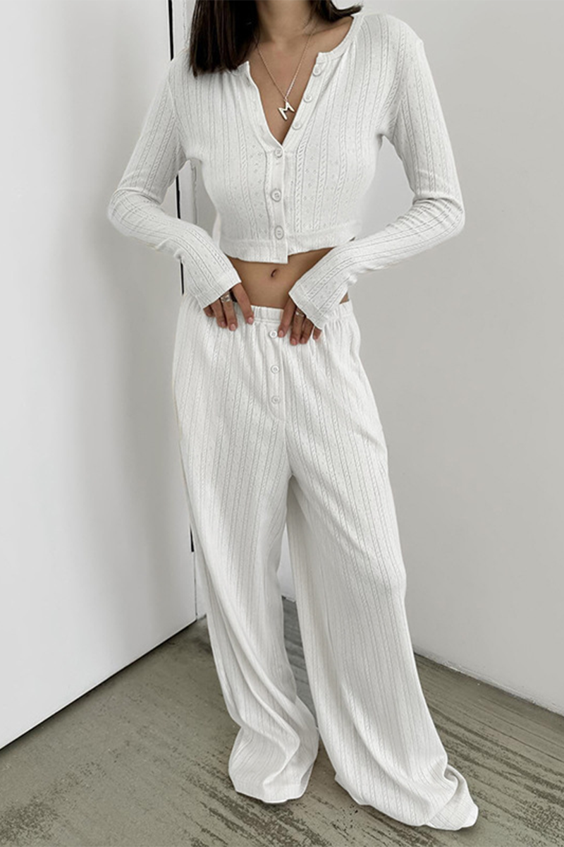 Daily Hollow Out Buttons O Neck Long Sleeve Two Pieces