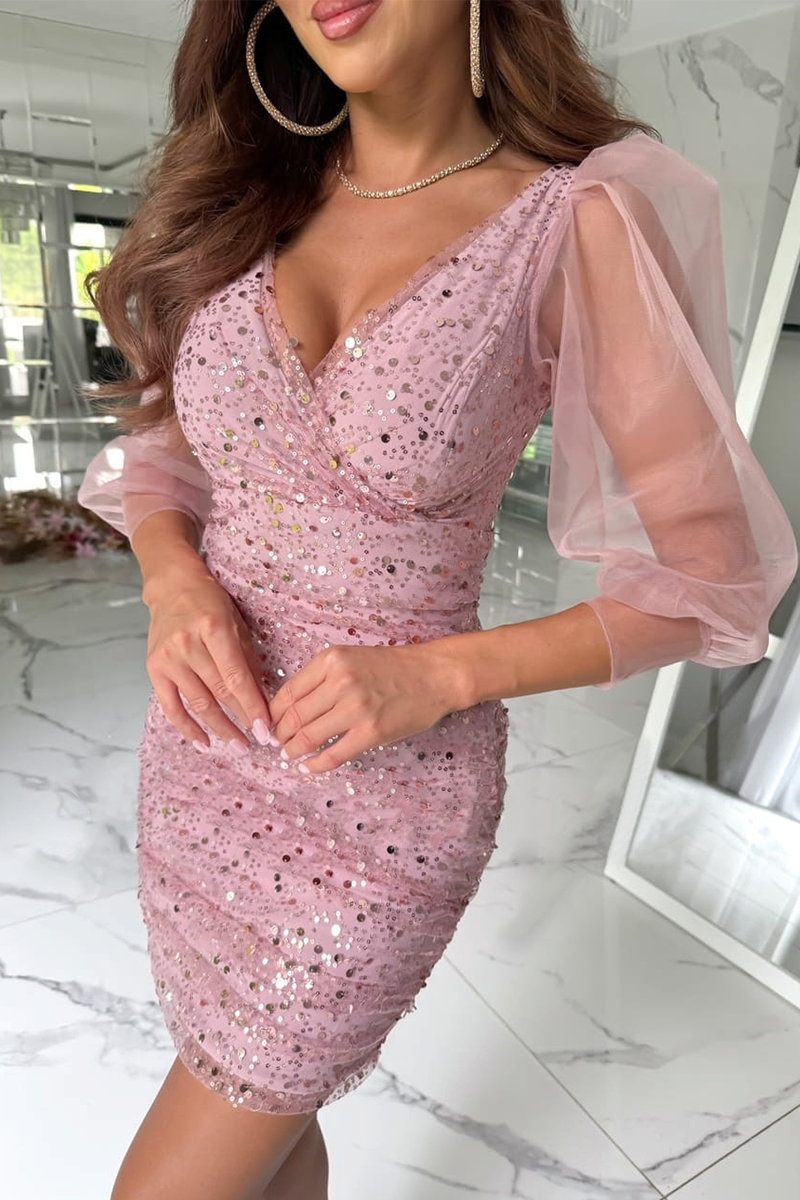 Sequins Sequined Mesh V Neck Wrapped Skirt Dresses