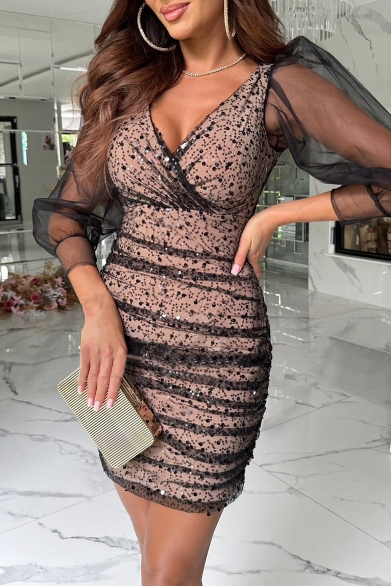 Sequins Sequined Mesh V Neck Wrapped Skirt Dresses