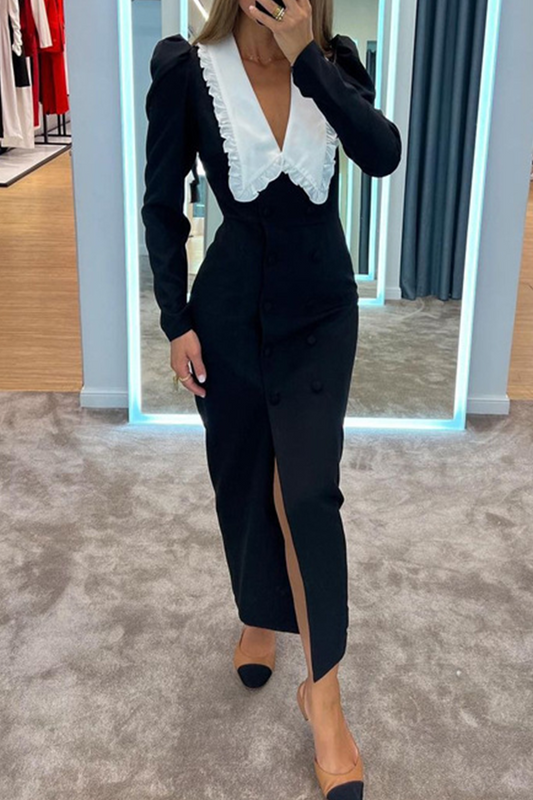 Celebrities Slit Contrast Peter Pan Collar One Step Skirt Dresses