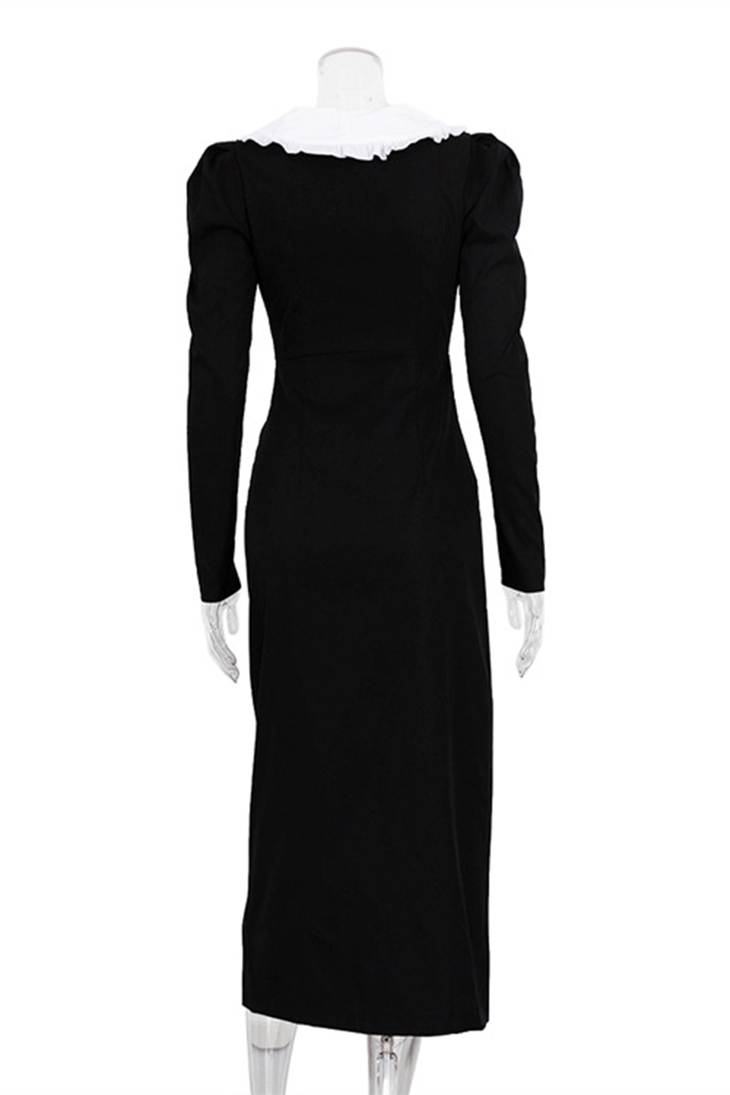 Celebrities Slit Contrast Peter Pan Collar One Step Skirt Dresses