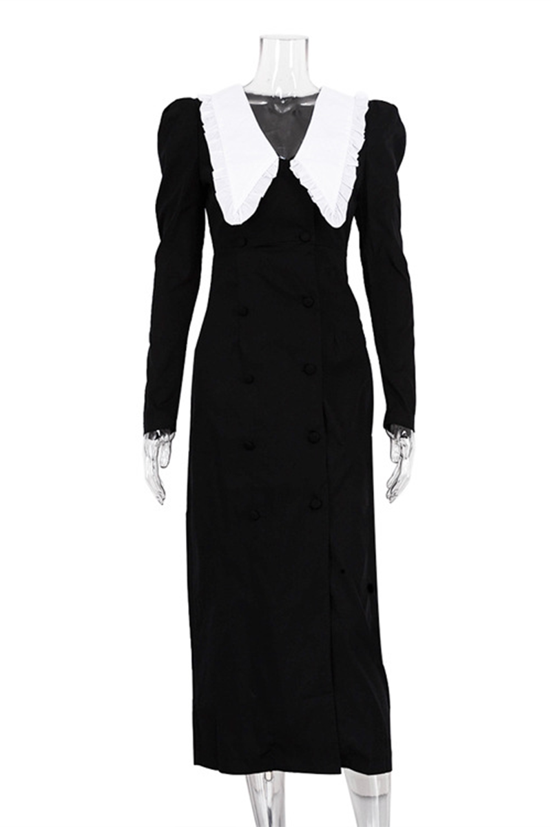 Celebrities Slit Contrast Peter Pan Collar One Step Skirt Dresses