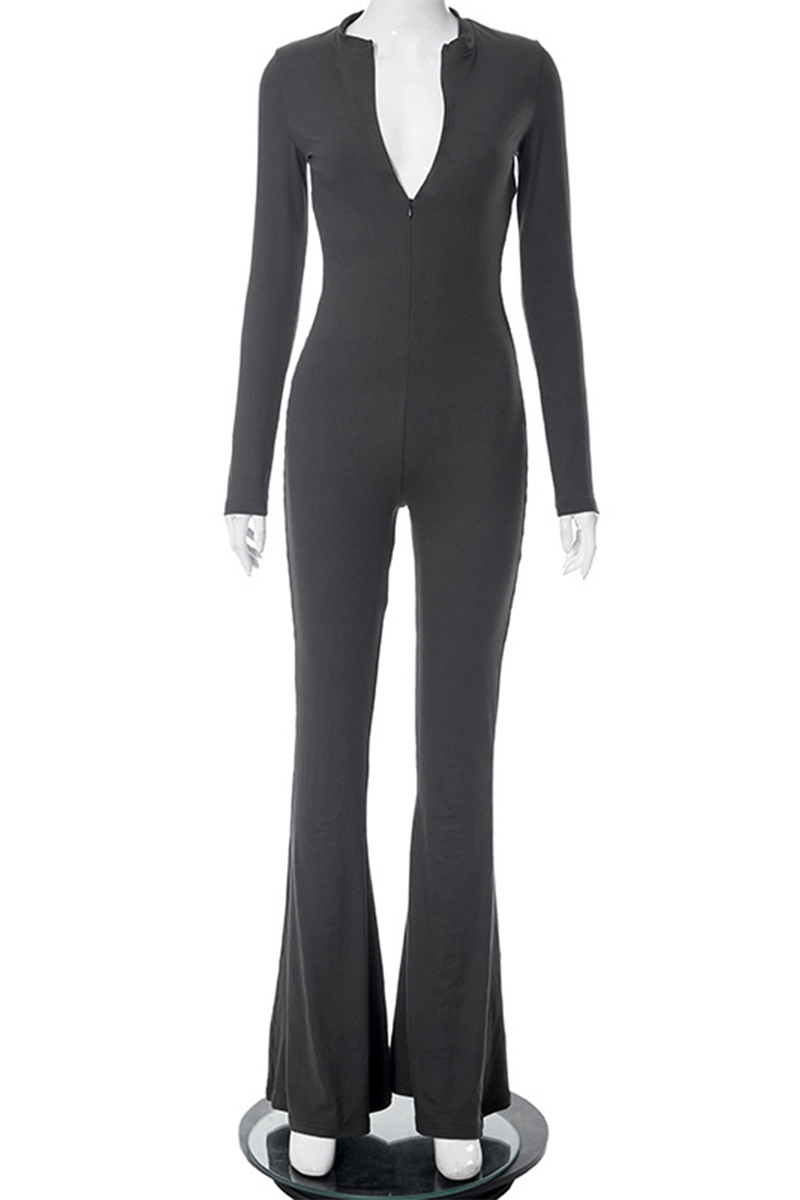 Street Zipper O Neck Skinny Jumpsuits