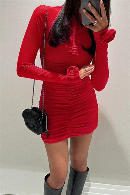 Ruched Half a Turtleneck Wrapped Skirt Dresses(4 Colors)