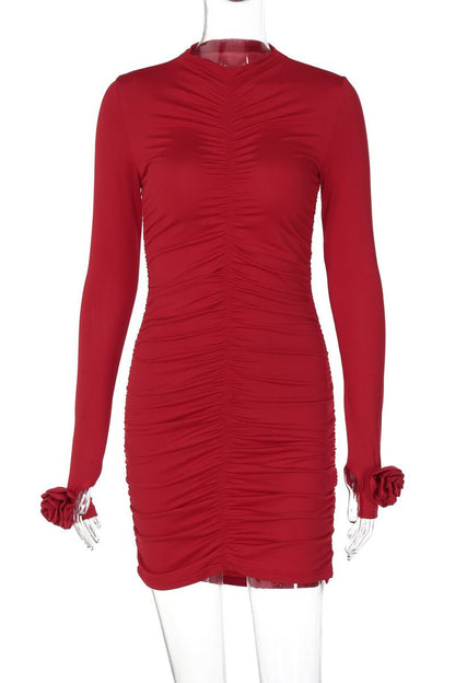 Ruched Half a Turtleneck Wrapped Skirt Dresses(4 Colors)