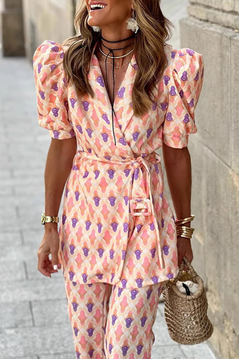 Street Geometric Print Lace Up Contrast V Neck Short Sleeve Two Pieces