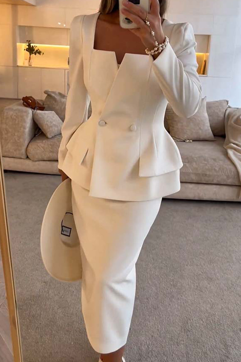 Buttons Ruffle Square Neck Long Sleeve Two Pieces