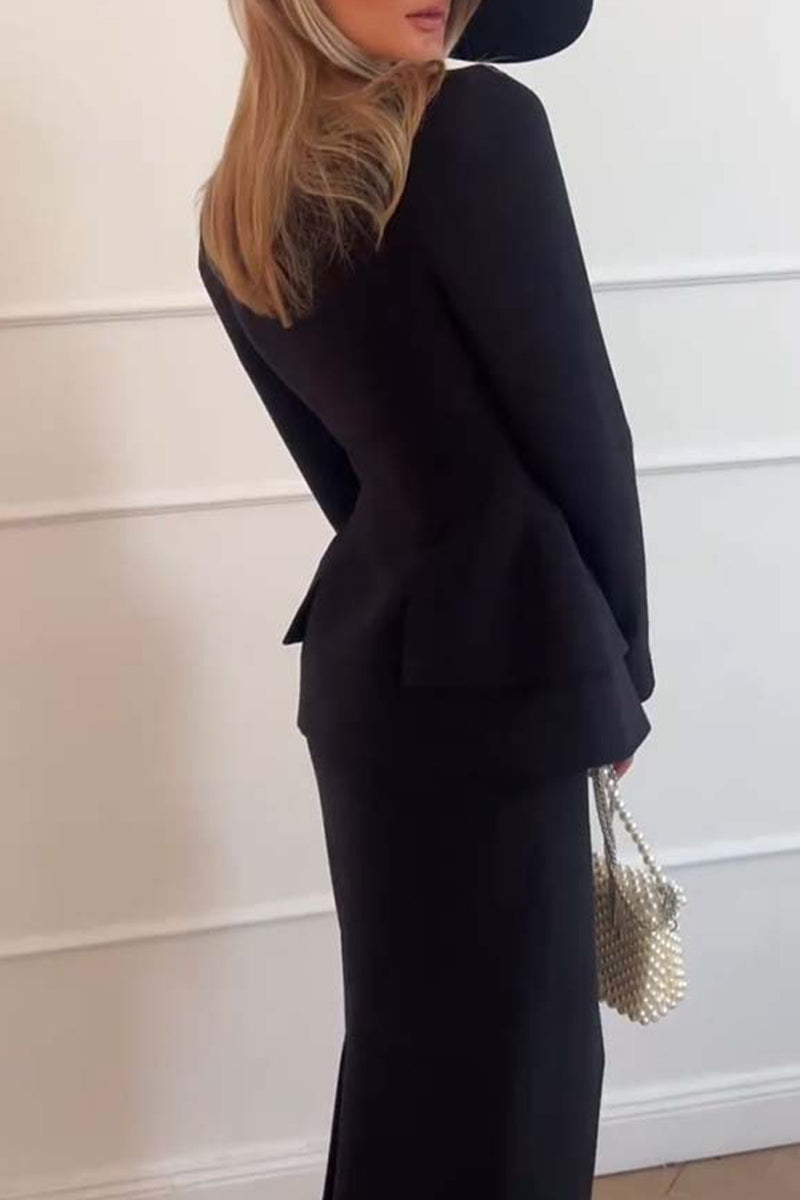 Buttons Ruffle Square Neck Long Sleeve Two Pieces