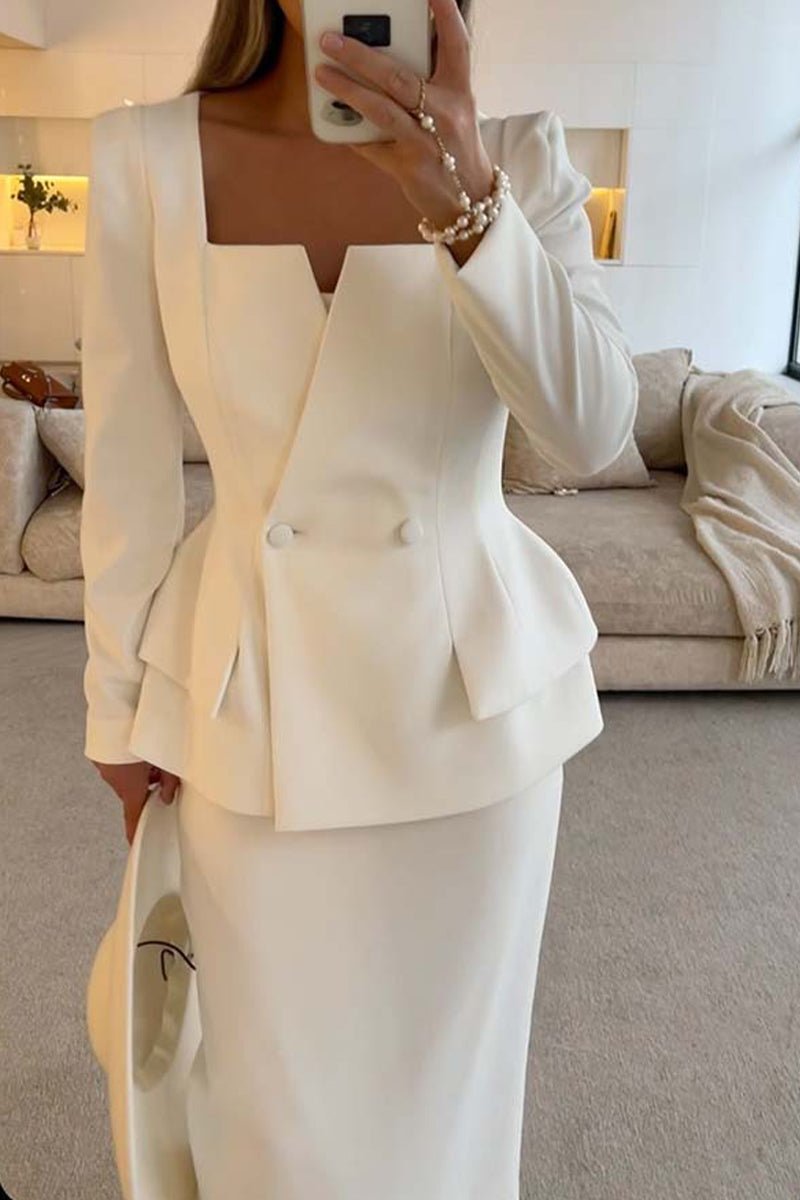 Buttons Ruffle Square Neck Long Sleeve Two Pieces