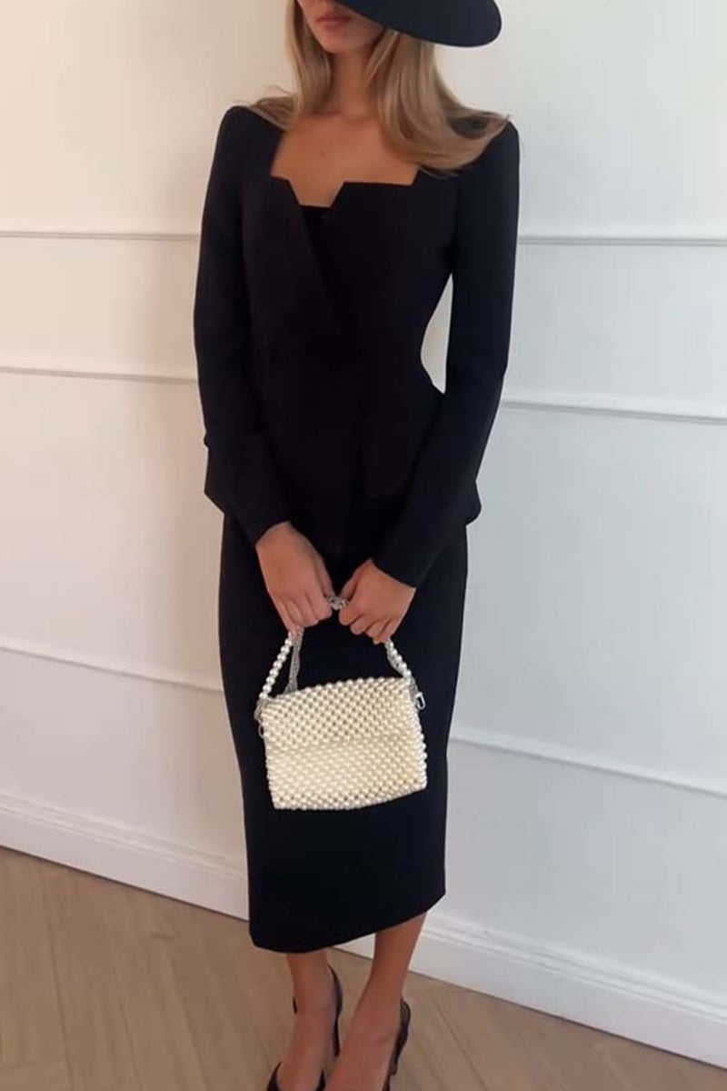 Buttons Ruffle Square Neck Long Sleeve Two Pieces