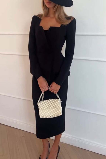 Buttons Ruffle Square Neck Long Sleeve Two Pieces