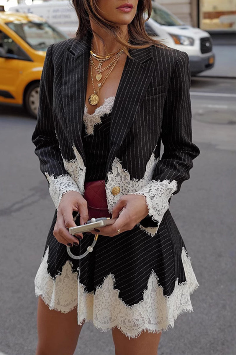 Street Stripe Lace Buttons Patchwork Turn-back Collar Long Sleeve Two Pieces