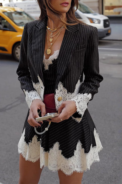 Street Stripe Lace Buttons Patchwork Turn-back Collar Long Sleeve Two Pieces