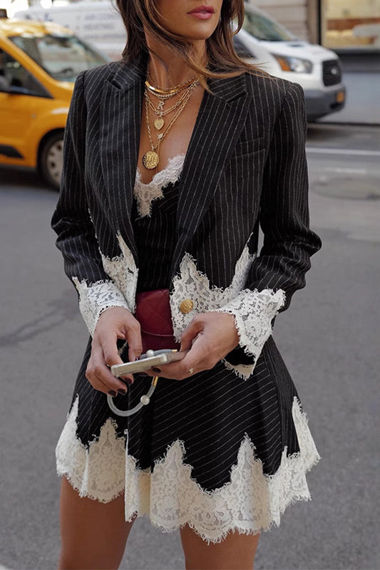 Street Stripe Lace Buttons Patchwork Turn-back Collar Long Sleeve Two Pieces