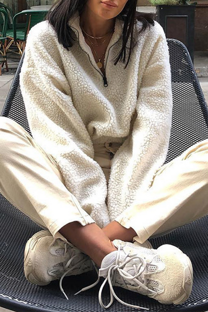 Zipper Fluffy Turndown Collar Hoodies