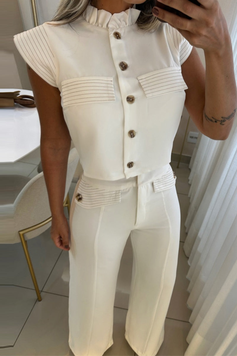 Buttons Mandarin Collar Short Sleeve Two Pieces