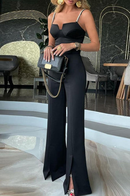 Backless Slit Spaghetti Strap Straight Jumpsuits