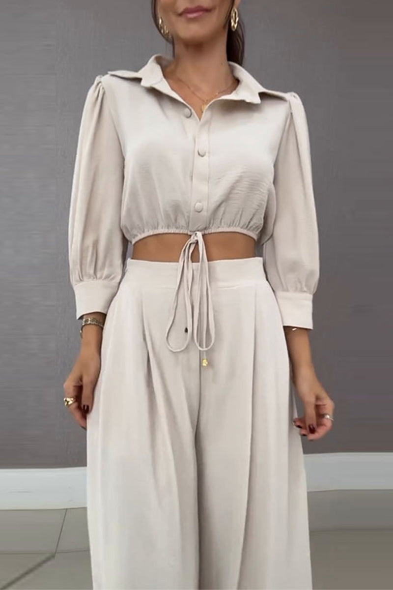 Daily Lace Up Turndown Collar Long Sleeve Two Pieces