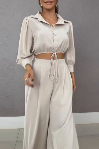 Daily Lace Up Turndown Collar Long Sleeve Two Pieces