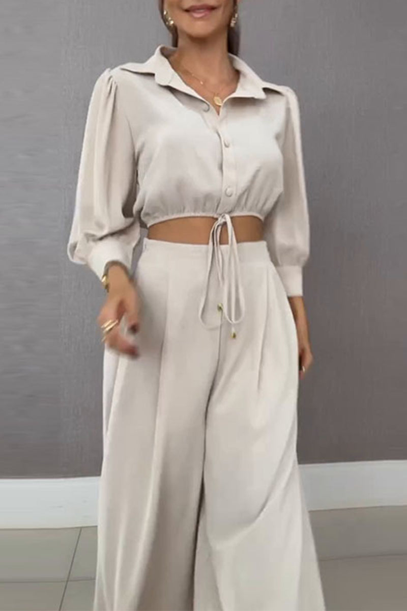 Daily Lace Up Turndown Collar Long Sleeve Two Pieces