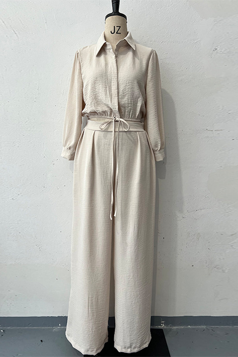 Daily Lace Up Turndown Collar Long Sleeve Two Pieces