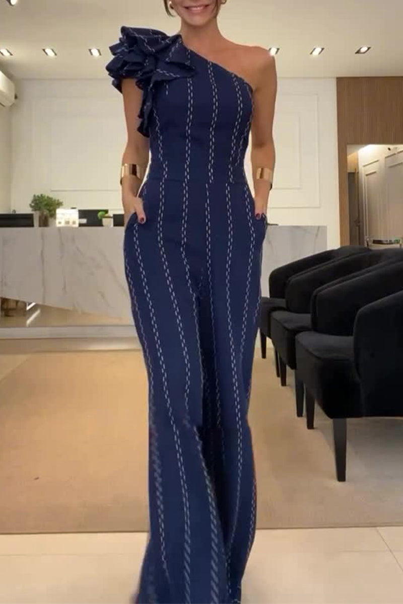 Stripe Irregular Stringy Selvedge Sloping Shoulder Loose Jumpsuits