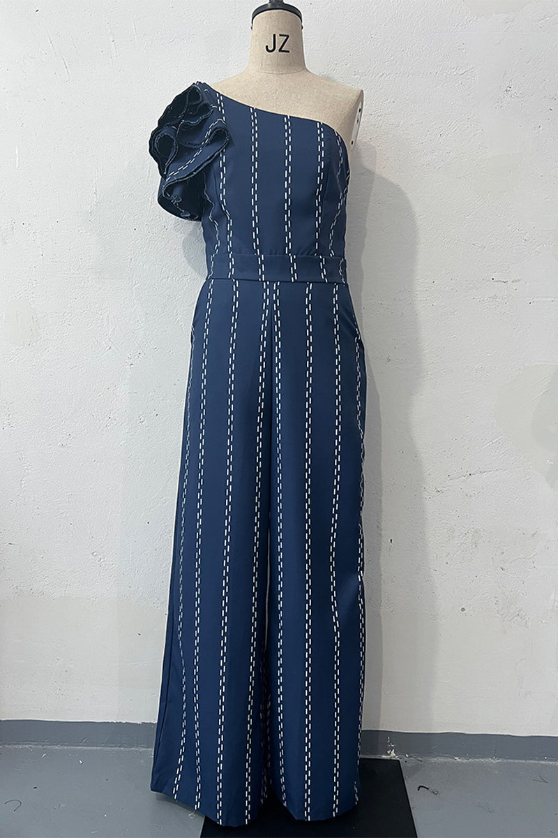 Stripe Irregular Stringy Selvedge Sloping Shoulder Loose Jumpsuits