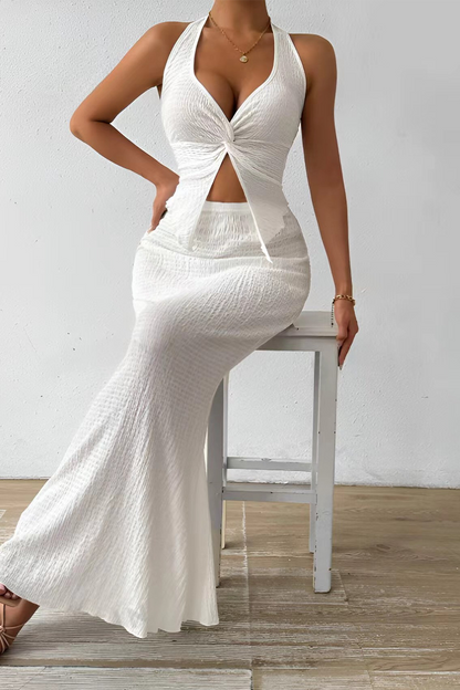 Lace Up Slit Ruched Halter Sleeveless Two Pieces
