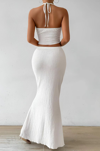 Lace Up Slit Ruched Halter Sleeveless Two Pieces