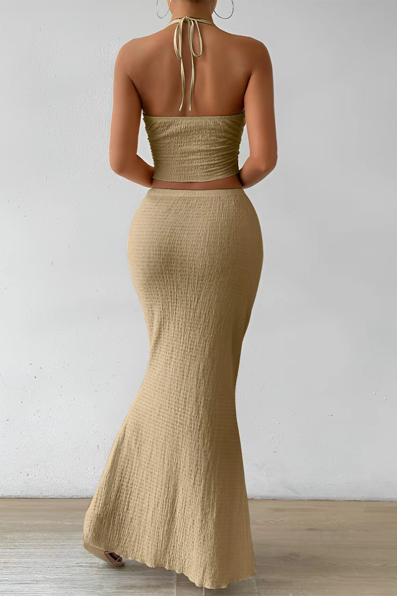 Lace Up Slit Ruched Halter Sleeveless Two Pieces