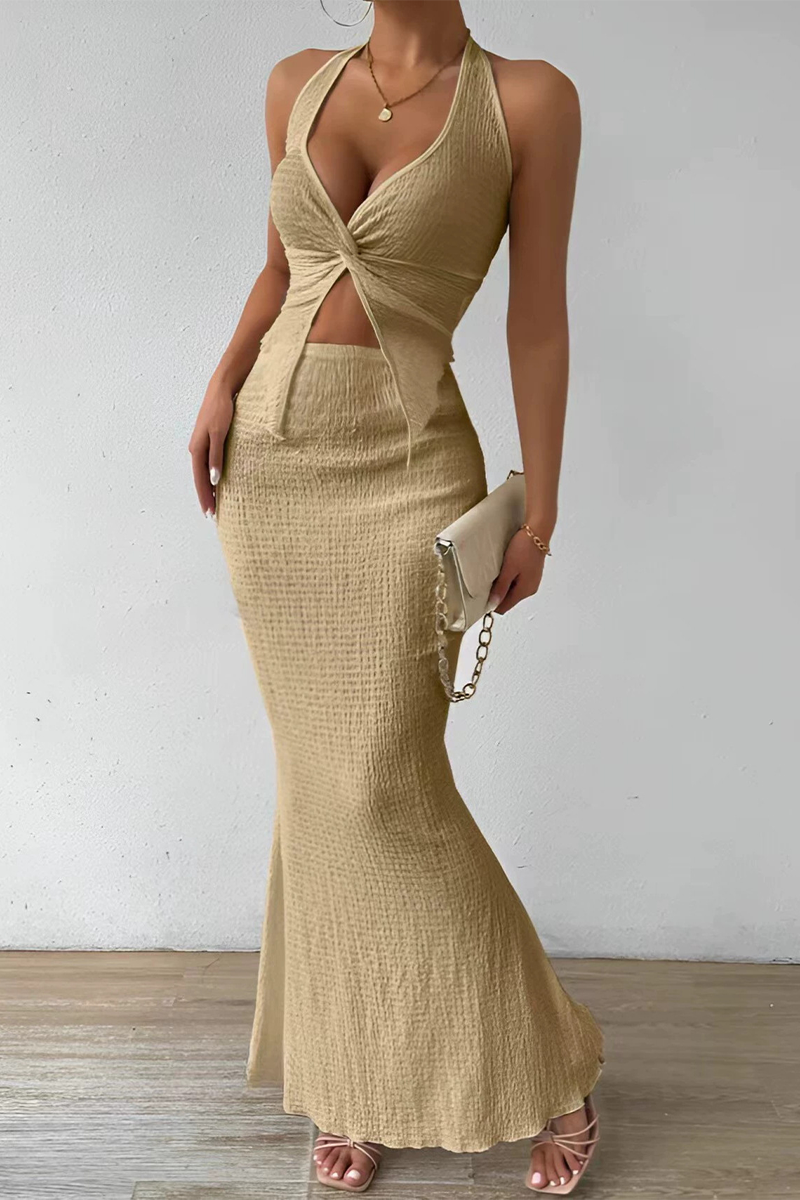 Lace Up Slit Ruched Halter Sleeveless Two Pieces