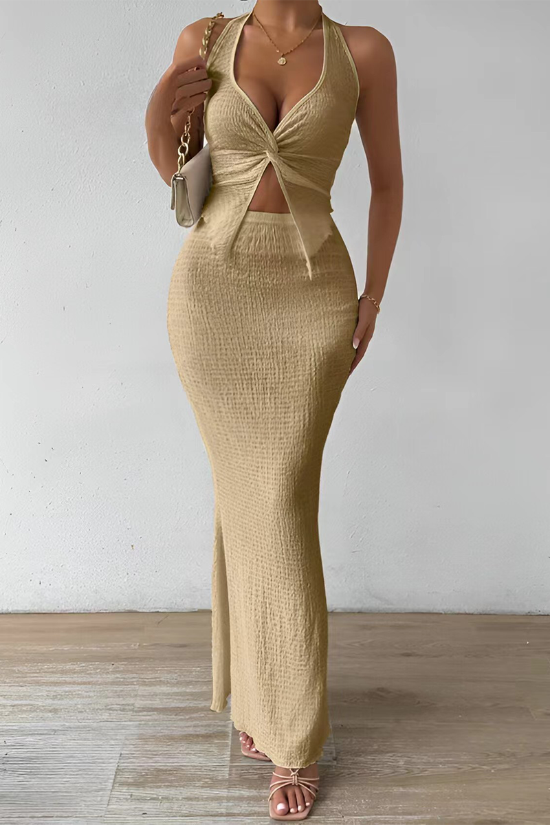 Lace Up Slit Ruched Halter Sleeveless Two Pieces
