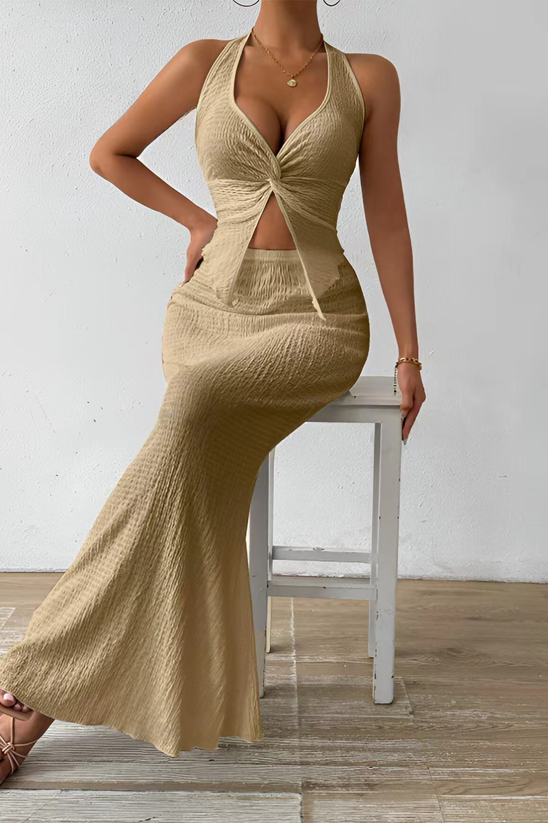 Lace Up Slit Ruched Halter Sleeveless Two Pieces