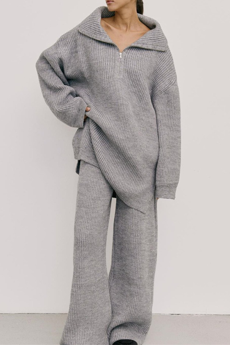 Zipper Weave Turndown Collar Long Sleeve Two Pieces